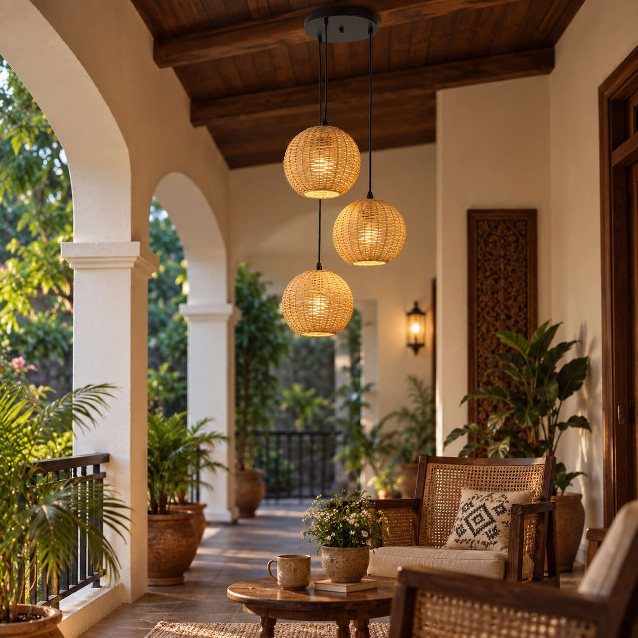 Coral Tree Handwoven Natural Fibre 3-Light Hanging Pendant Light | Rattan Style Cluster Ceiling Lamp with B22 Holders & Bulbs Included | Adjustable Height up to 100 cm | Living Room, Dining, Balcony & Veranda
