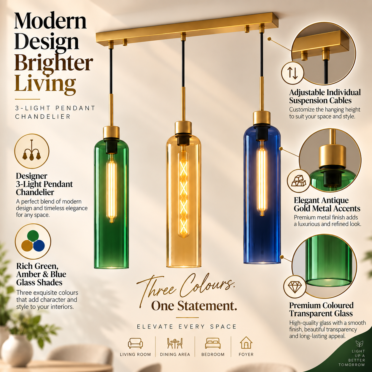 Coral Tree Green, Amber & Blue Glass 3-Light Linear Pendant Light with Gold Finish