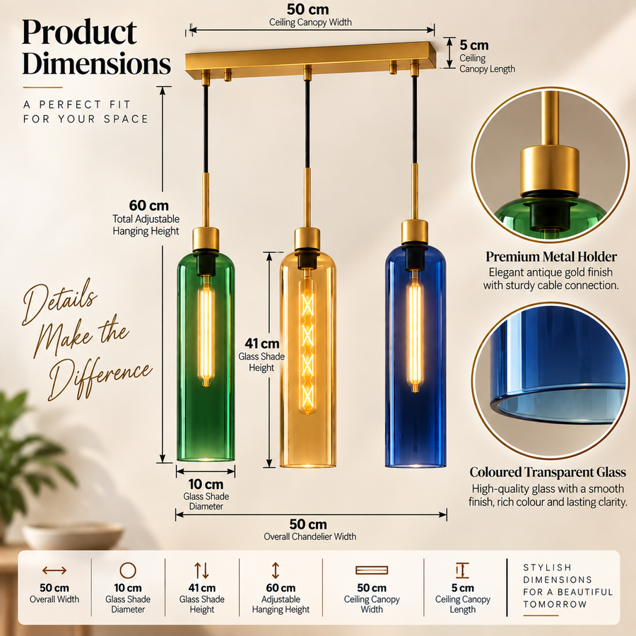 Coral Tree Green, Amber & Blue Glass 3-Light Linear Pendant Light with Gold Finish
