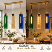 Coral Tree Green, Amber & Blue Glass 3-Light Linear Pendant Light with Gold Finish