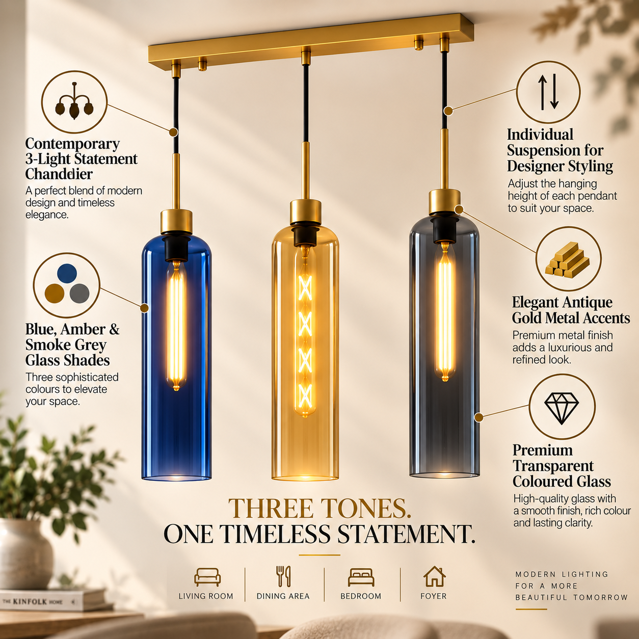 Coral Tree Blue, Amber & Smoke Glass 3-Light Linear Pendant Light with Gold Finish | Adjustable Hanging Ceiling Lamp