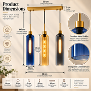 Coral Tree Blue, Amber & Smoke Glass 3-Light Linear Pendant Light with Gold Finish | Adjustable Hanging Ceiling Lamp