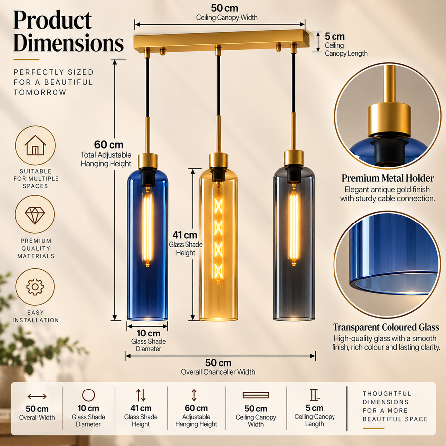 Coral Tree Blue, Amber & Smoke Glass 3-Light Linear Pendant Light with Gold Finish | Adjustable Hanging Ceiling Lamp