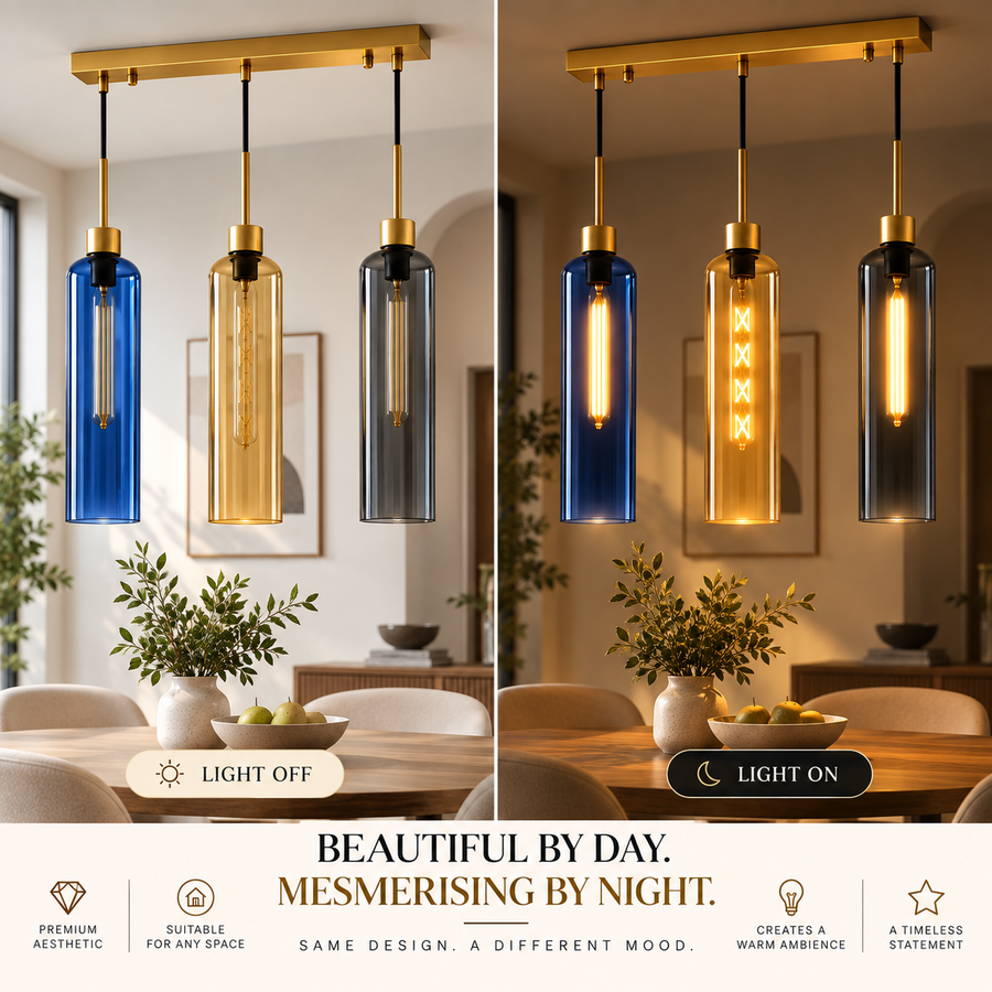 Coral Tree Blue, Amber & Smoke Glass 3-Light Linear Pendant Light with Gold Finish | Adjustable Hanging Ceiling Lamp