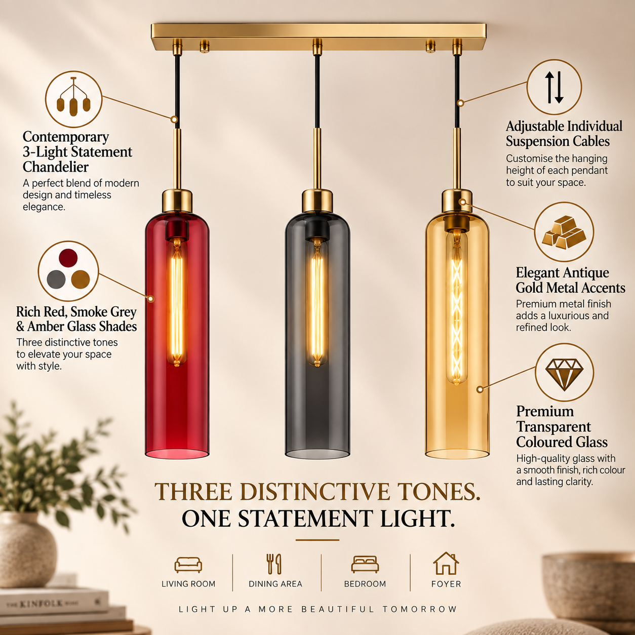 Modern 3-Light Glass Pendant Light with Gold Linear Ceiling Plate | Red Smoke Amber Shades | Adjustable Hanging Lamp