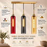 Modern 3-Light Glass Pendant Light with Gold Linear Ceiling Plate | Red Smoke Amber Shades | Adjustable Hanging Lamp