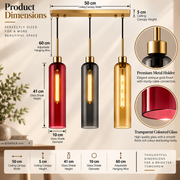 Modern 3-Light Glass Pendant Light with Gold Linear Ceiling Plate | Red Smoke Amber Shades | Adjustable Hanging Lamp