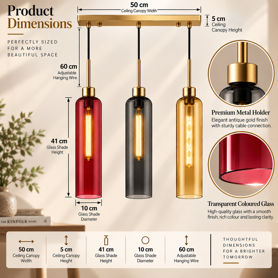 Modern 3-Light Glass Pendant Light with Gold Linear Ceiling Plate | Red Smoke Amber Shades | Adjustable Hanging Lamp
