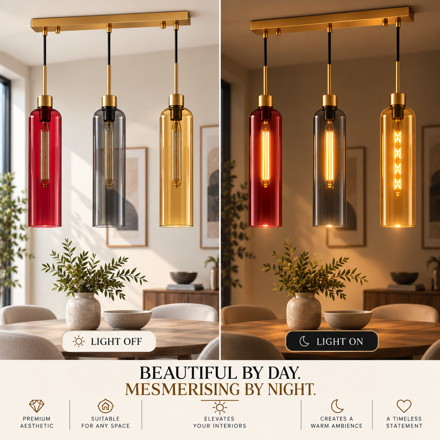 Modern 3-Light Glass Pendant Light with Gold Linear Ceiling Plate | Red Smoke Amber Shades | Adjustable Hanging Lamp
