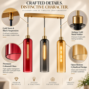 Modern 3-Light Glass Pendant Light with Gold Linear Ceiling Plate | Red Smoke Amber Shades | Adjustable Hanging Lamp