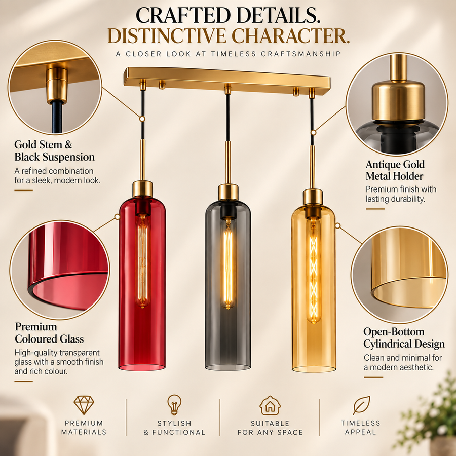 Modern 3-Light Glass Pendant Light with Gold Linear Ceiling Plate | Red Smoke Amber Shades | Adjustable Hanging Lamp