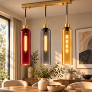 Modern 3-Light Glass Pendant Light with Gold Linear Ceiling Plate | Red Smoke Amber Shades | Adjustable Hanging Lamp