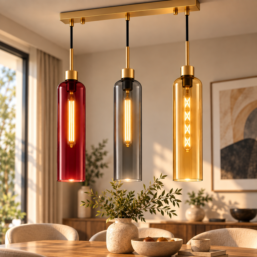 Modern 3-Light Glass Pendant Light with Gold Linear Ceiling Plate | Red Smoke Amber Shades | Adjustable Hanging Lamp
