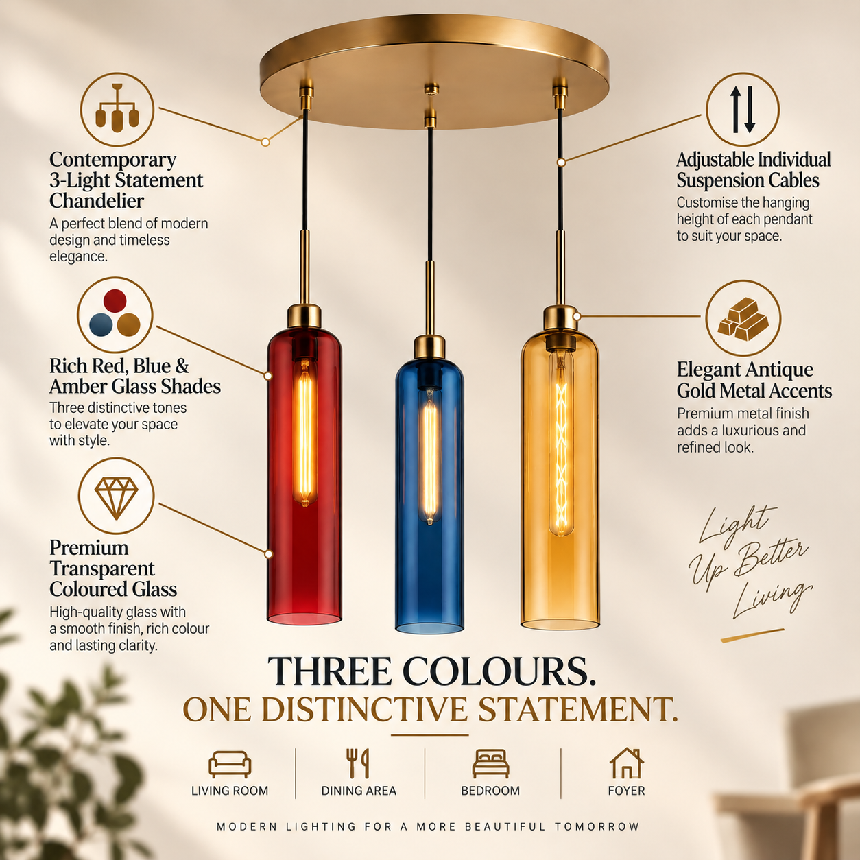 Coral Tree 3-Light Modern Glass Pendant Chandelier | Red Blue Amber Shades | Gold Round Ceiling Plate | Adjustable Hanging Light