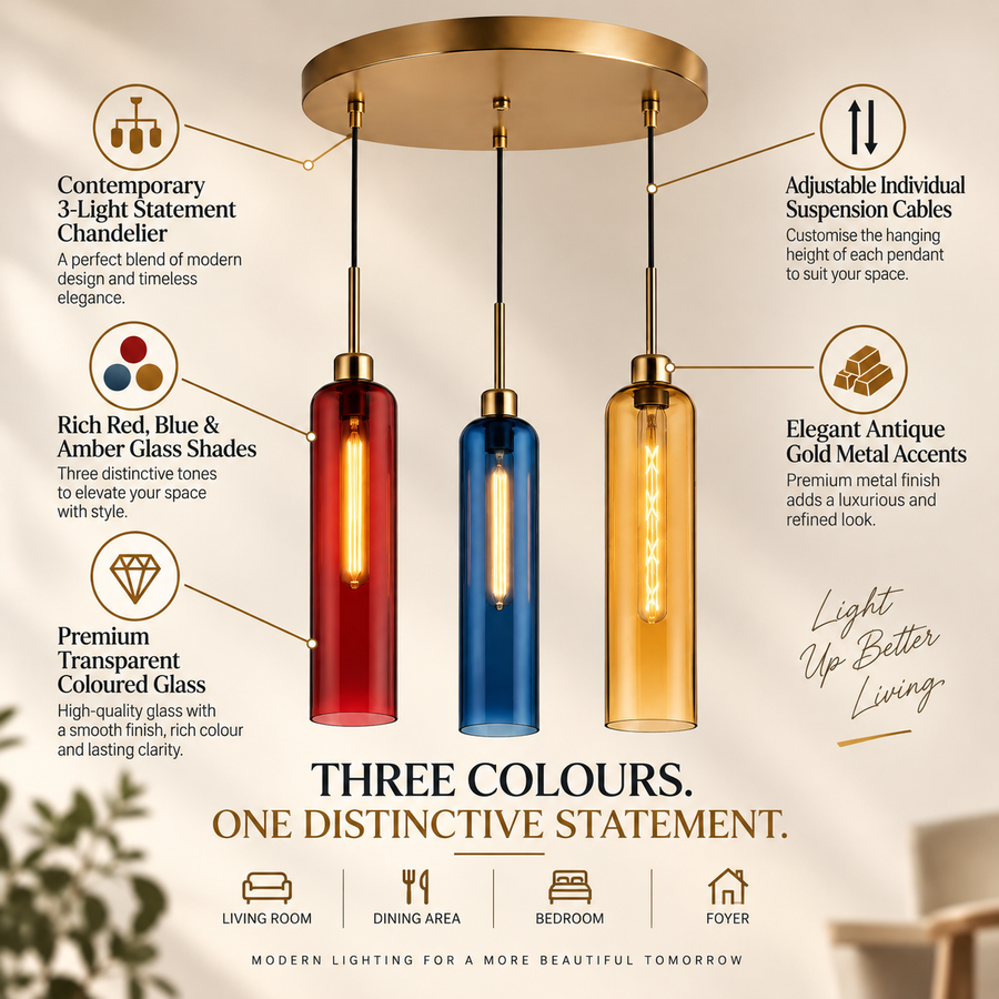 Coral Tree 3-Light Modern Glass Pendant Chandelier | Red Blue Amber Shades | Gold Round Ceiling Plate | Adjustable Hanging Light