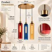 Coral Tree 3-Light Modern Glass Pendant Chandelier | Red Blue Amber Shades | Gold Round Ceiling Plate | Adjustable Hanging Light