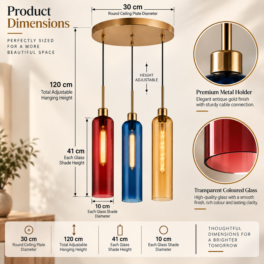 Coral Tree 3-Light Modern Glass Pendant Chandelier | Red Blue Amber Shades | Gold Round Ceiling Plate | Adjustable Hanging Light