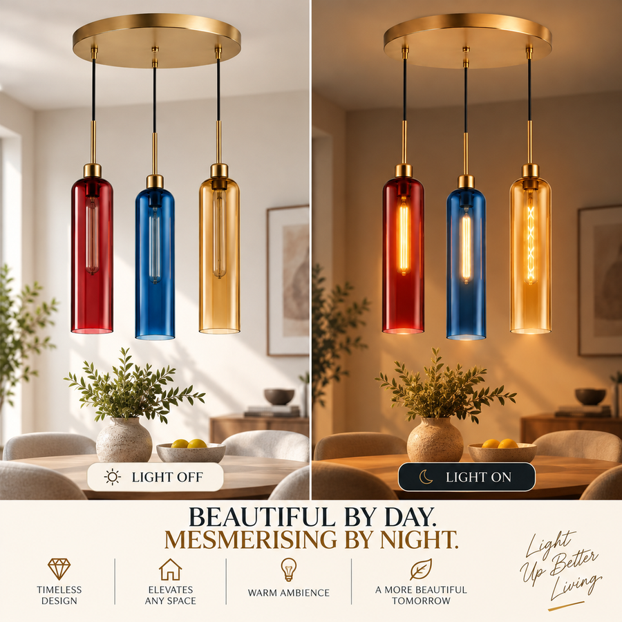 Coral Tree 3-Light Modern Glass Pendant Chandelier | Red Blue Amber Shades | Gold Round Ceiling Plate | Adjustable Hanging Light