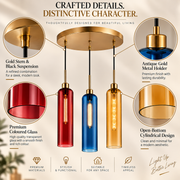 Coral Tree 3-Light Modern Glass Pendant Chandelier | Red Blue Amber Shades | Gold Round Ceiling Plate | Adjustable Hanging Light