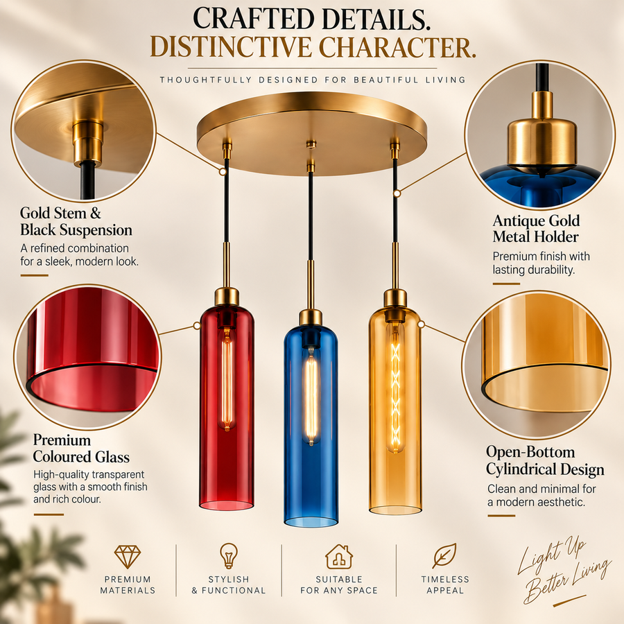 Coral Tree 3-Light Modern Glass Pendant Chandelier | Red Blue Amber Shades | Gold Round Ceiling Plate | Adjustable Hanging Light