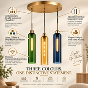 Coral Tree 3-Light Modern Glass Pendant Chandelier | Green Amber Blue Shades | Gold Round Ceiling Plate | Adjustable Hanging Light