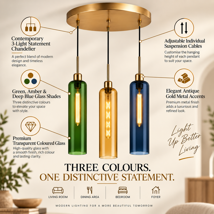 Coral Tree 3-Light Modern Glass Pendant Chandelier | Green Amber Blue Shades | Gold Round Ceiling Plate | Adjustable Hanging Light