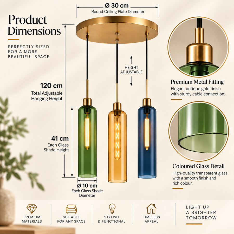 Coral Tree 3-Light Modern Glass Pendant Chandelier | Green Amber Blue Shades | Gold Round Ceiling Plate | Adjustable Hanging Light