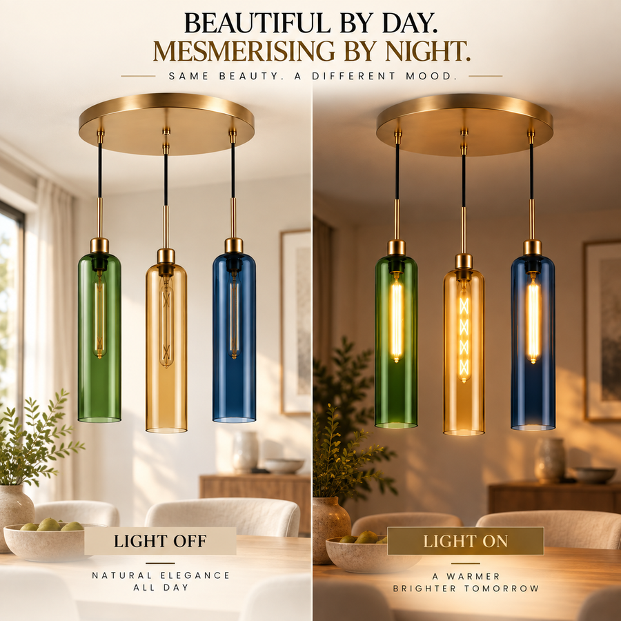 Coral Tree 3-Light Modern Glass Pendant Chandelier | Green Amber Blue Shades | Gold Round Ceiling Plate | Adjustable Hanging Light