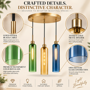 Coral Tree 3-Light Modern Glass Pendant Chandelier | Green Amber Blue Shades | Gold Round Ceiling Plate | Adjustable Hanging Light