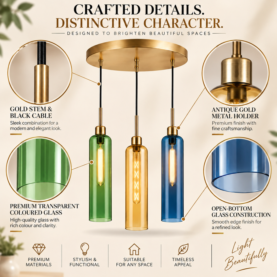 Coral Tree 3-Light Modern Glass Pendant Chandelier | Green Amber Blue Shades | Gold Round Ceiling Plate | Adjustable Hanging Light