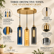 Coral Tree 3-Light Modern Glass Pendant Chandelier | Blue Amber Smoke Shades | Gold Round Ceiling Plate | Adjustable Hanging Light