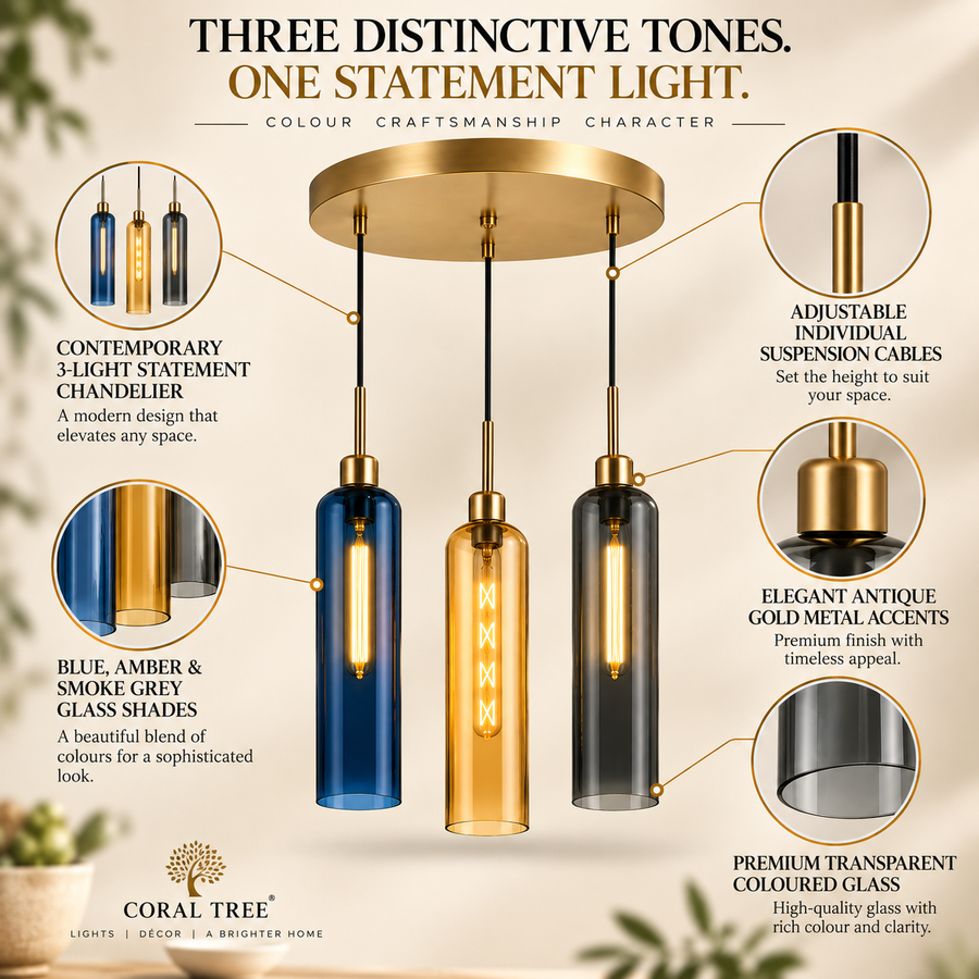 Coral Tree 3-Light Modern Glass Pendant Chandelier | Blue Amber Smoke Shades | Gold Round Ceiling Plate | Adjustable Hanging Light