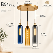 Coral Tree 3-Light Modern Glass Pendant Chandelier | Blue Amber Smoke Shades | Gold Round Ceiling Plate | Adjustable Hanging Light