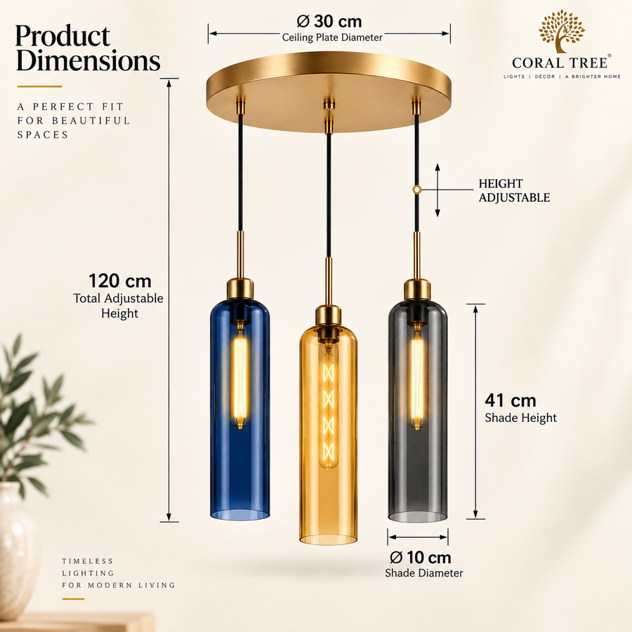Coral Tree 3-Light Modern Glass Pendant Chandelier | Blue Amber Smoke Shades | Gold Round Ceiling Plate | Adjustable Hanging Light