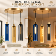 Coral Tree 3-Light Modern Glass Pendant Chandelier | Blue Amber Smoke Shades | Gold Round Ceiling Plate | Adjustable Hanging Light