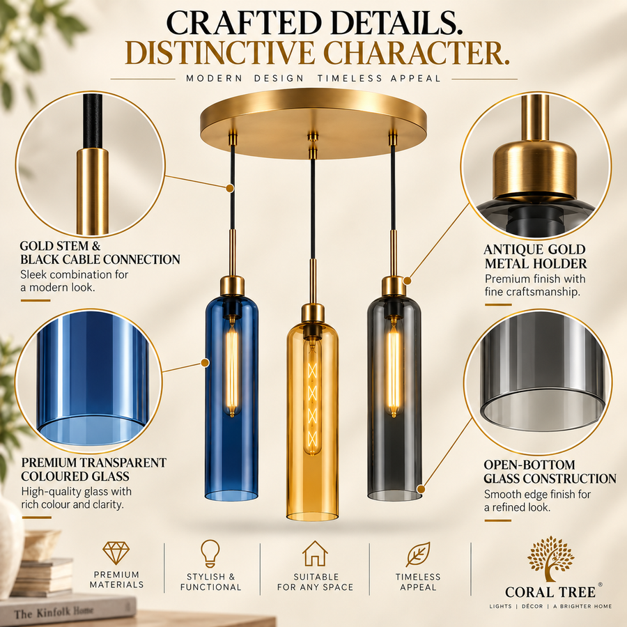 Coral Tree 3-Light Modern Glass Pendant Chandelier | Blue Amber Smoke Shades | Gold Round Ceiling Plate | Adjustable Hanging Light