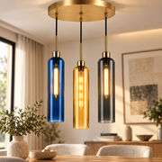Coral Tree 3-Light Modern Glass Pendant Chandelier | Blue Amber Smoke Shades | Gold Round Ceiling Plate | Adjustable Hanging Light