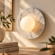 Luxury Carrera White Marble Round Wall Sconce – Minimalist Handcrafted Design with G9 LED Glow