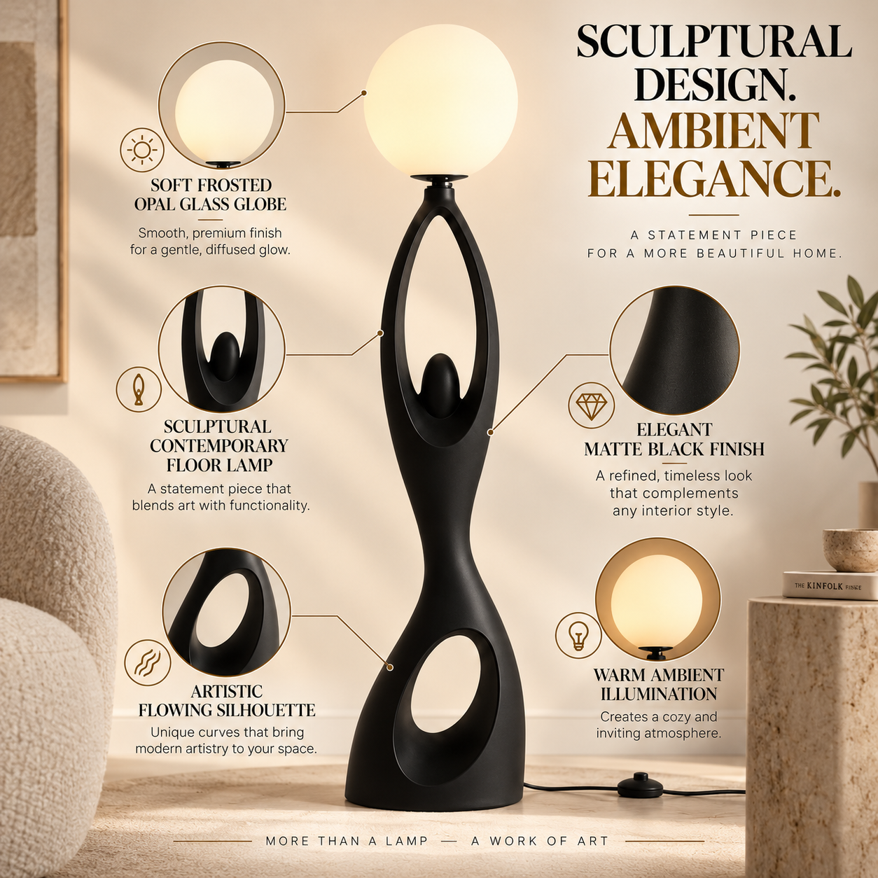 Coral Tree Modern Resin Floor Lamp with Frosted Glass Globe | Contemporary Sculptural Standing Lamp | E27 Holder | Premium Matte Black Floor Light for Living Room, Bedroom & Office