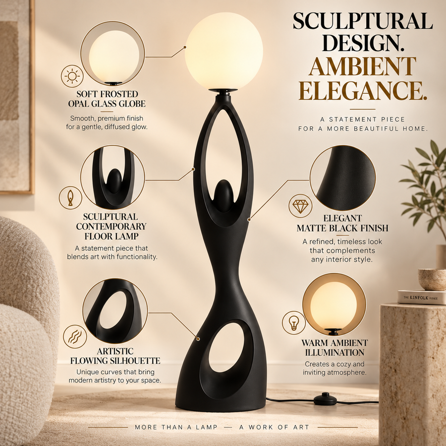 Coral Tree Modern Resin Floor Lamp with Frosted Glass Globe | Contemporary Sculptural Standing Lamp | E27 Holder | Premium Matte Black Floor Light for Living Room, Bedroom & Office