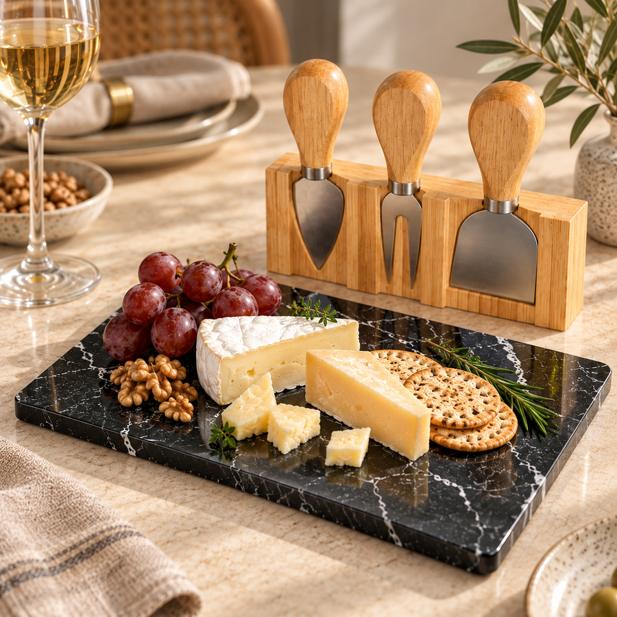 Mini Bamboo Cheese Board Set with Marble & Knives Style 3