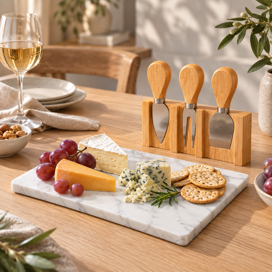 Mini Bamboo Cheese Board Set with Marble & Knives Style 3
