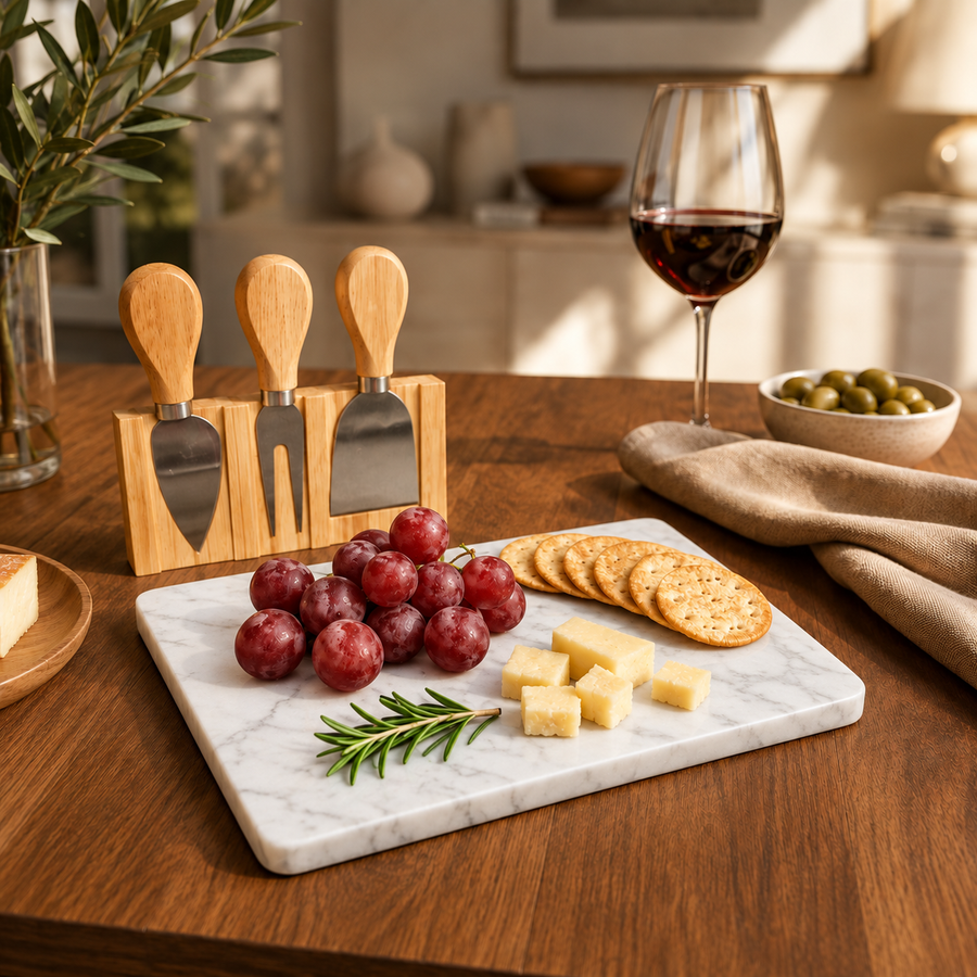 Mini Bamboo Cheese Board Set with Marble & Knives Style 3