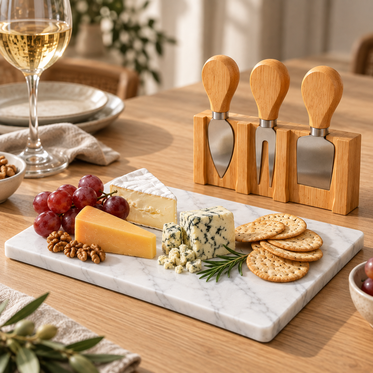 Mini Bamboo Cheese Board Set with Marble & Knives Style 3