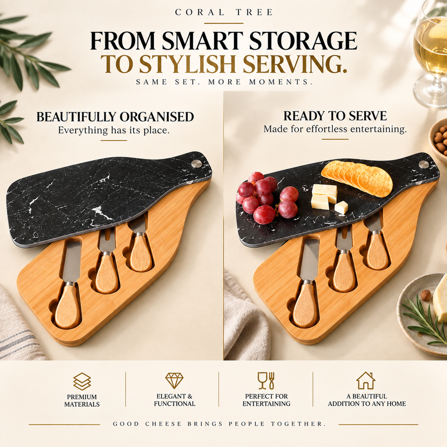 Bamboo Cheese Board Set with Marble Plate & Knives Style 1