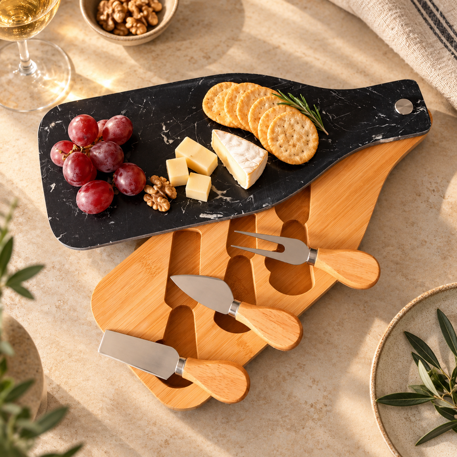 Bamboo Cheese Board Set with Marble Plate & Knives Style 1