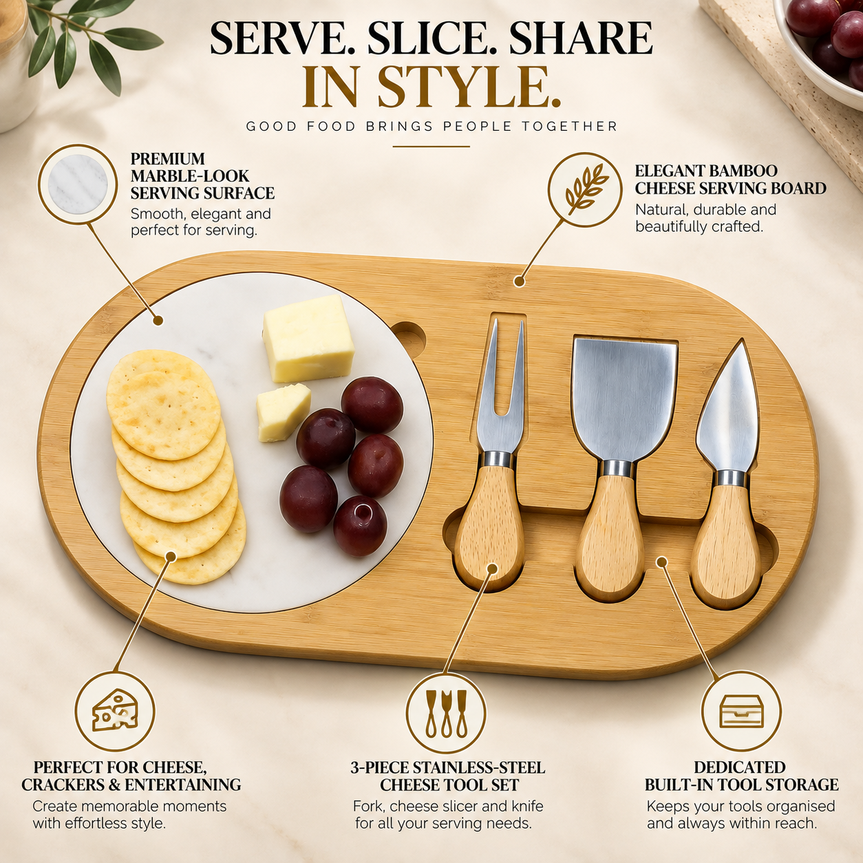 Bamboo Cheese Board Set with Marble & Knives Style 2