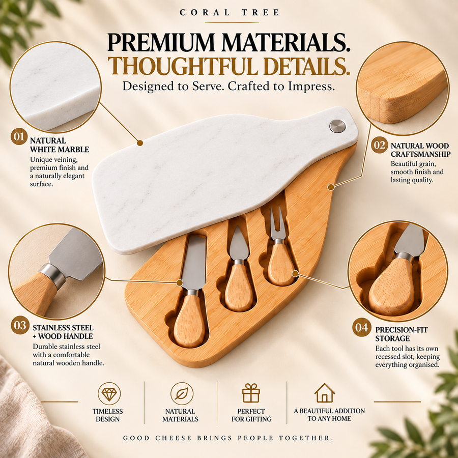 Bamboo Cheese Board Set with Marble Plate & Knives Style 1