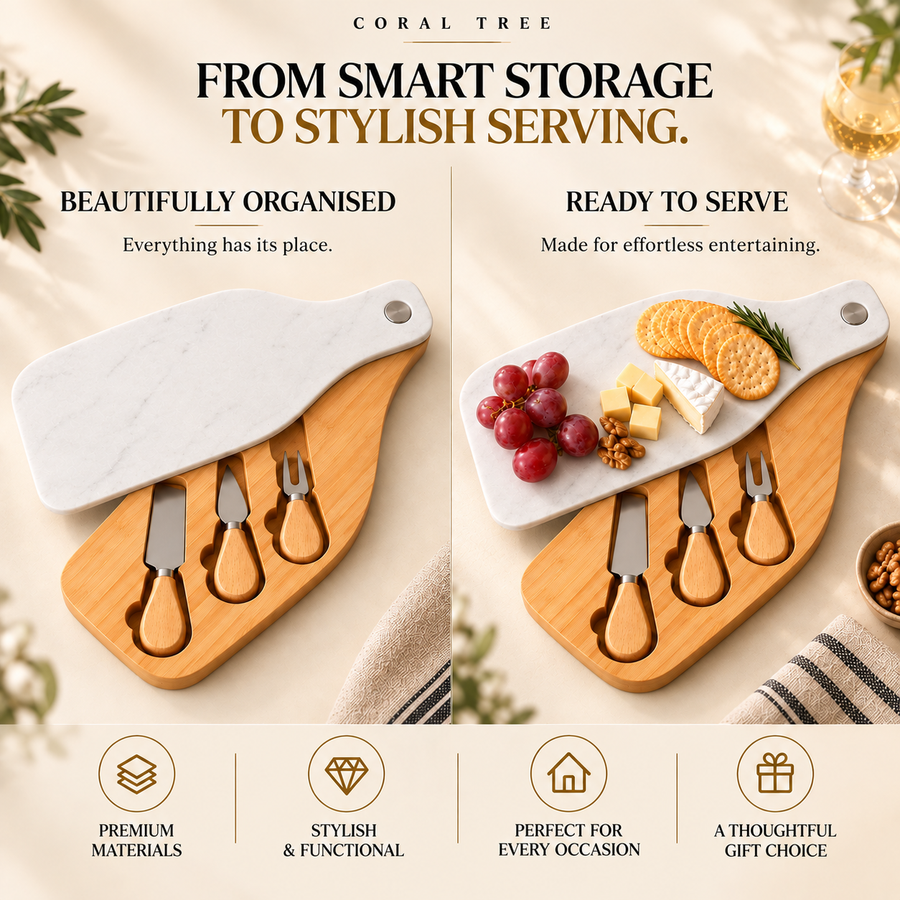 Bamboo Cheese Board Set with Marble Plate & Knives Style 1