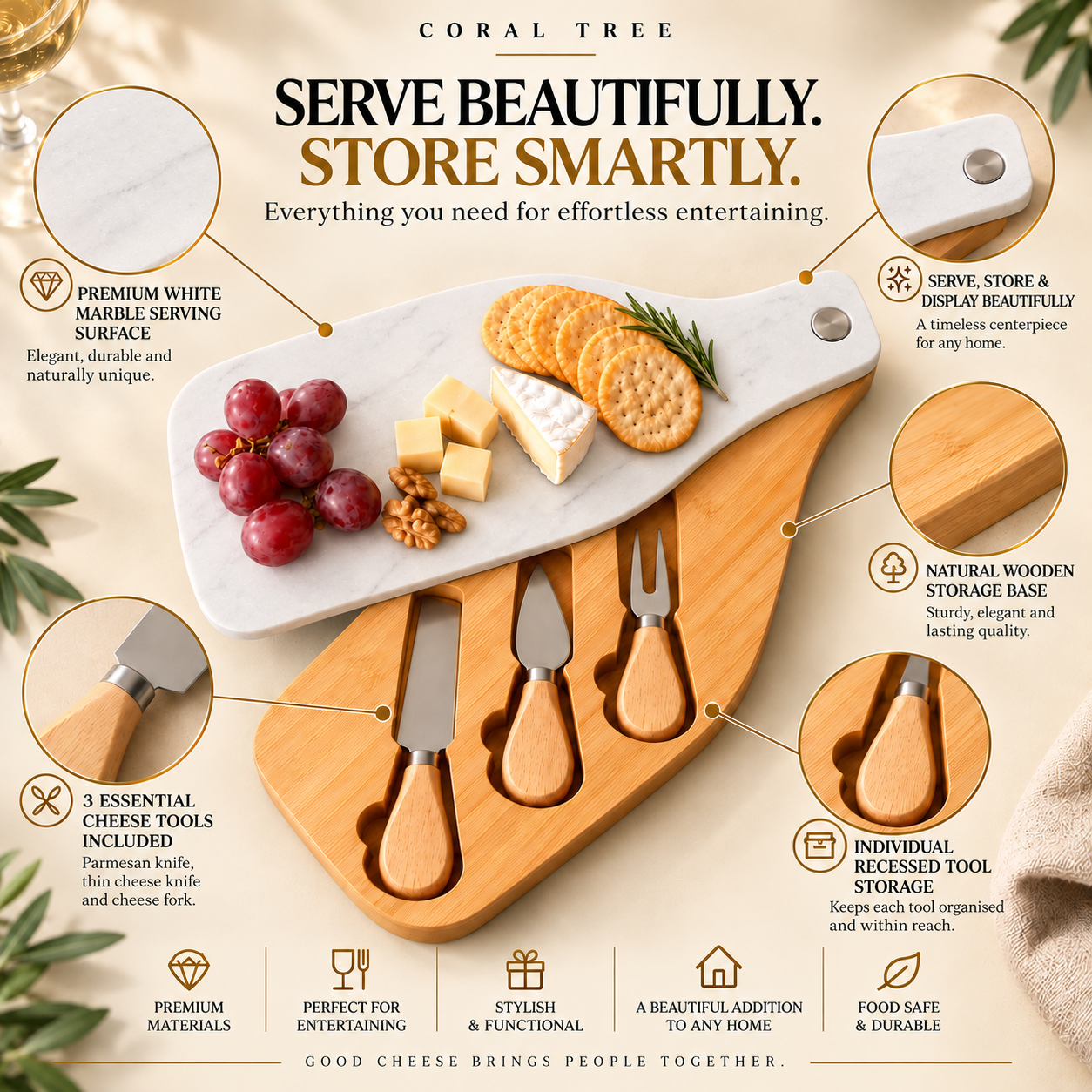 Bamboo Cheese Board Set with Marble Plate & Knives Style 1